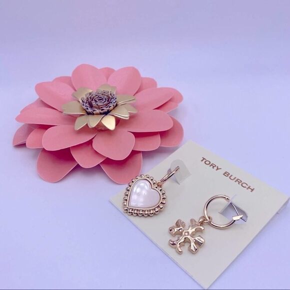 NWOT Tory Burch Gold Mix Match Heart & Double T Hoop Earrings - Picture 7 of 9